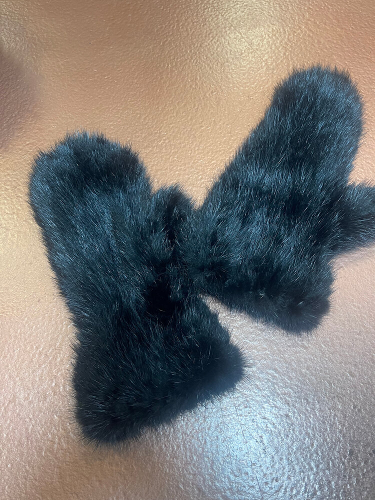 Black Knitted Mink Mittens, O/S