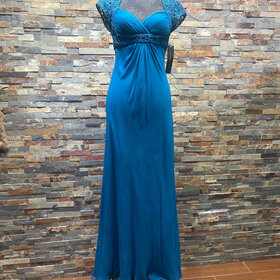 Aidan Mattox Teal Gown with Lace Back and Cap Sleeves, Size 4