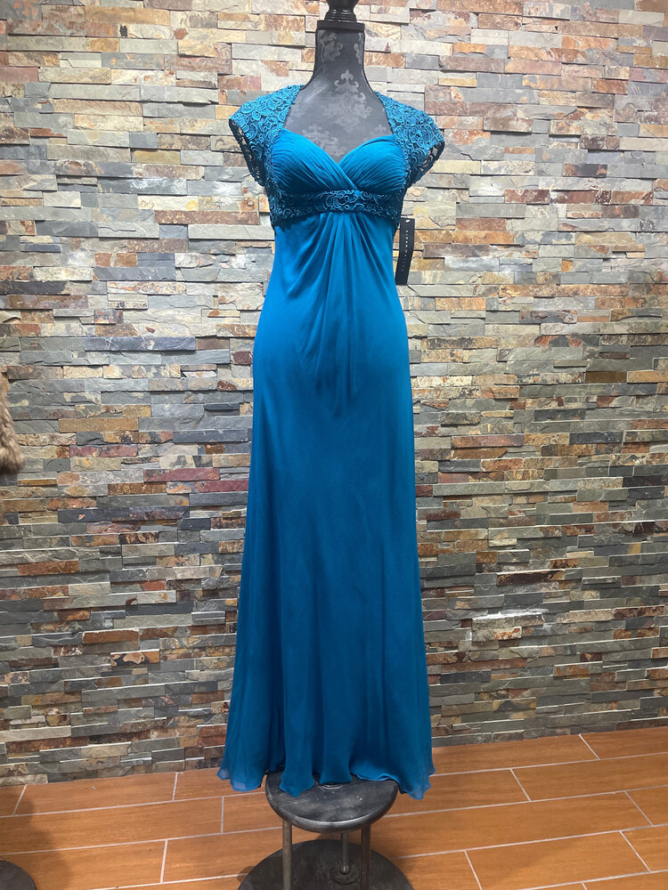 Aidan Mattox Teal Gown with Lace Back and Cap Sleeves, Size 4