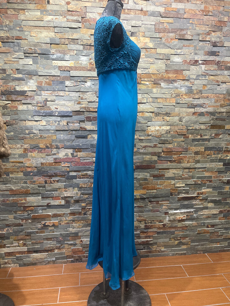 Aidan Mattox Teal Gown with Lace Back and Cap Sleeves, Size 4