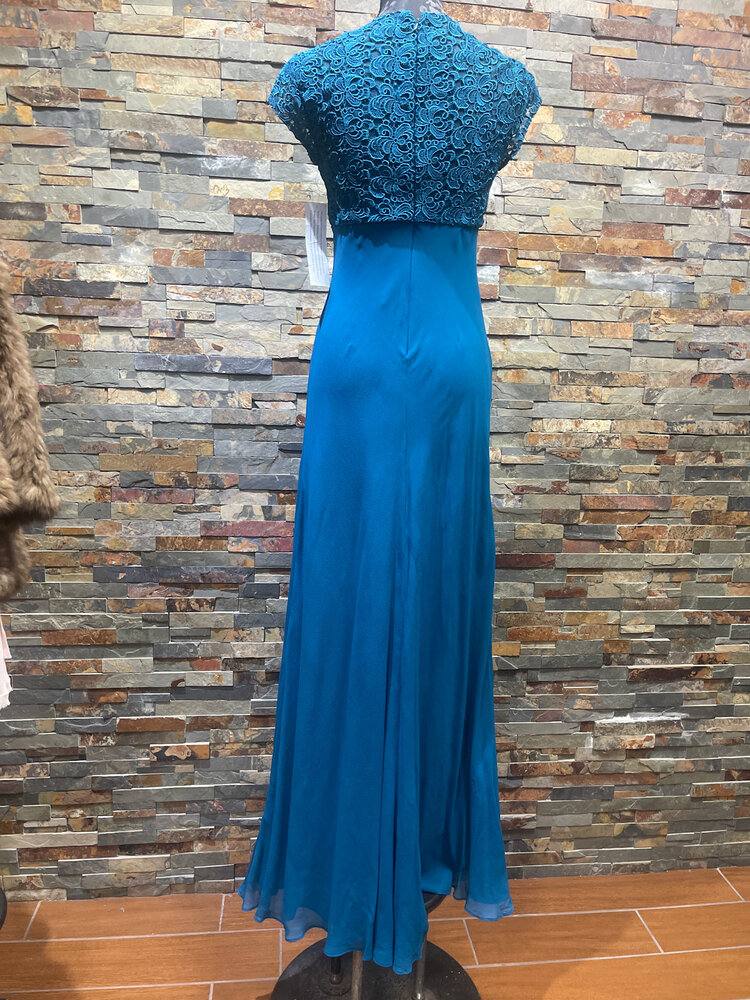 Aidan Mattox Teal Gown with Lace Back and Cap Sleeves, Size 4