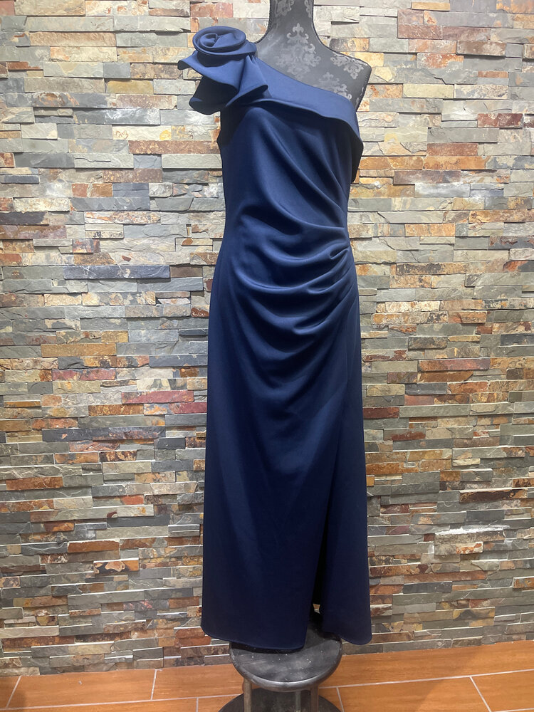 Xscape Navy One Shoulder Gown with Ruching, Size 14P