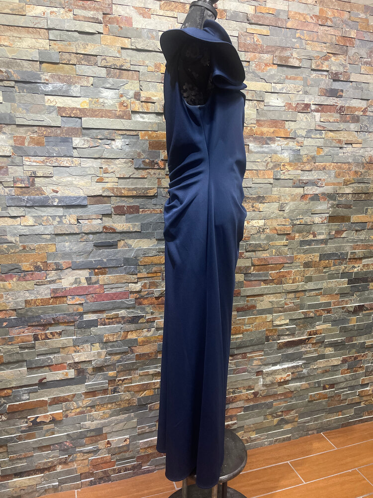 Xscape Navy One Shoulder Gown with Ruching, Size 14P