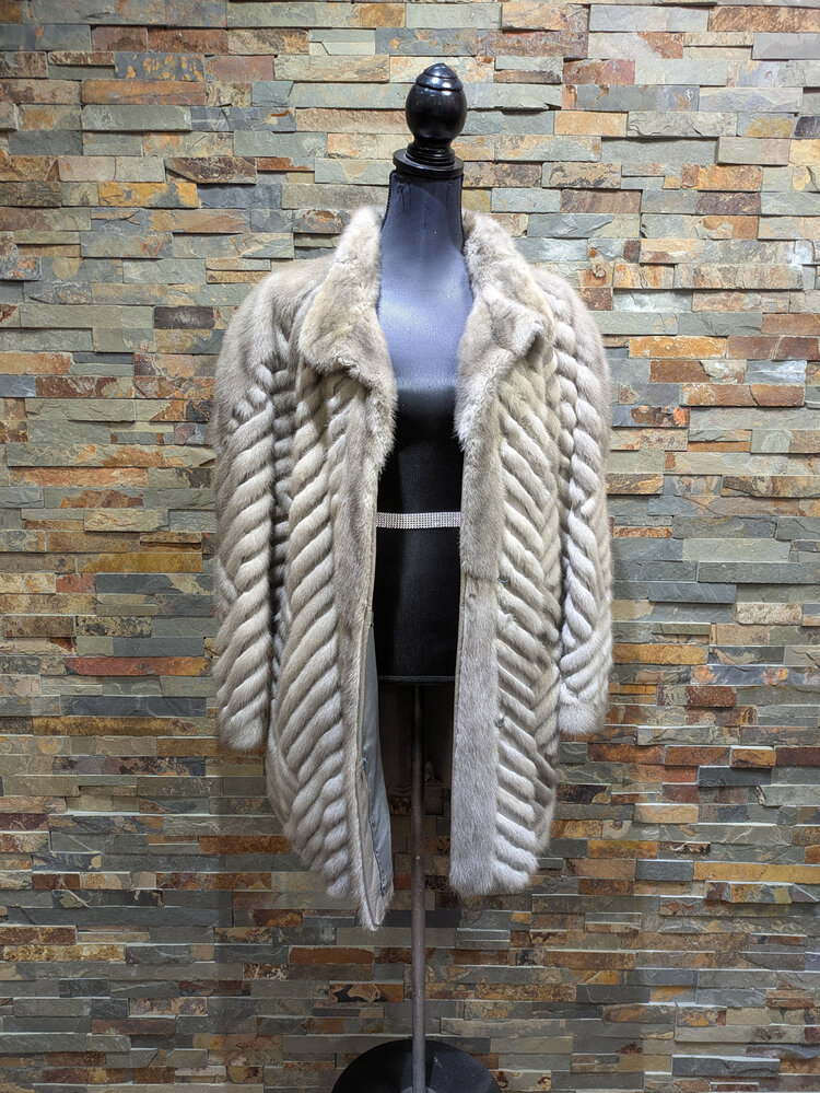 Saga Fox Cerulean Mink Jacket w/ Geometric Lines, Size L