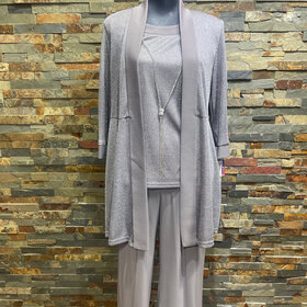 R & M Richards Silver Shimmer Jacket, Attached Top & Necklace w/Pants, Size 8