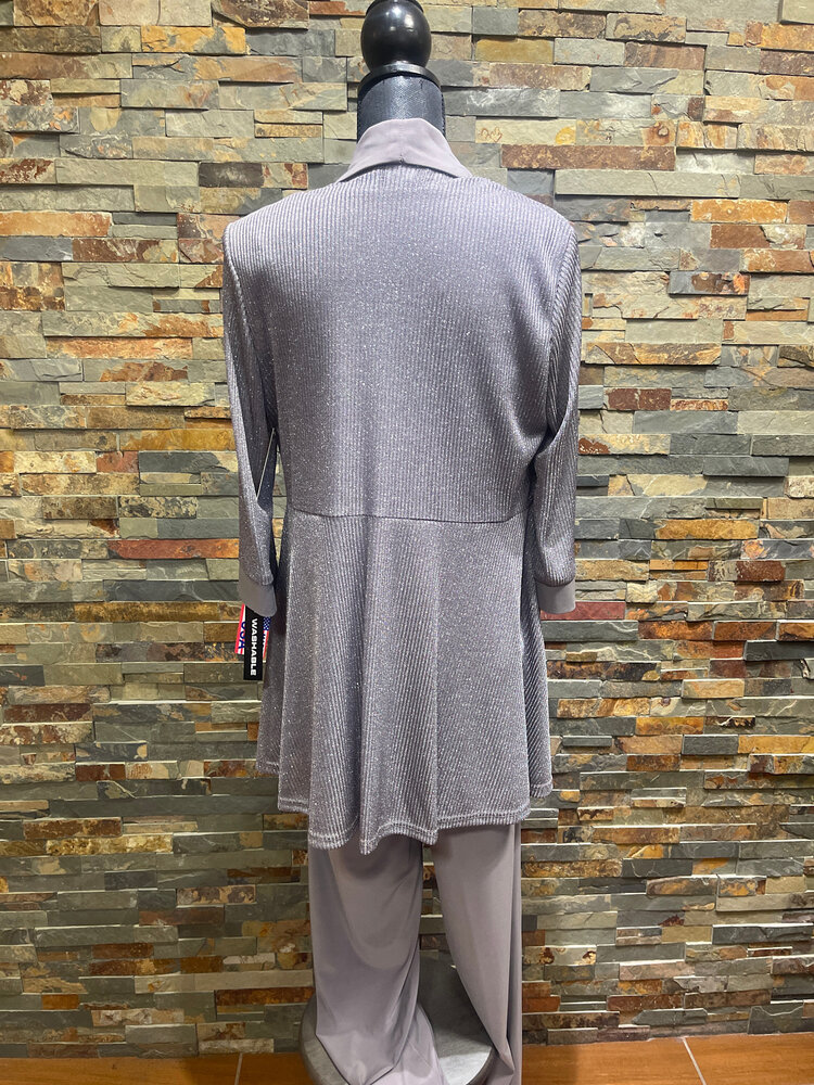 R & M Richards Silver Shimmer Jacket, Attached Top & Necklace w/Pants, Size 8