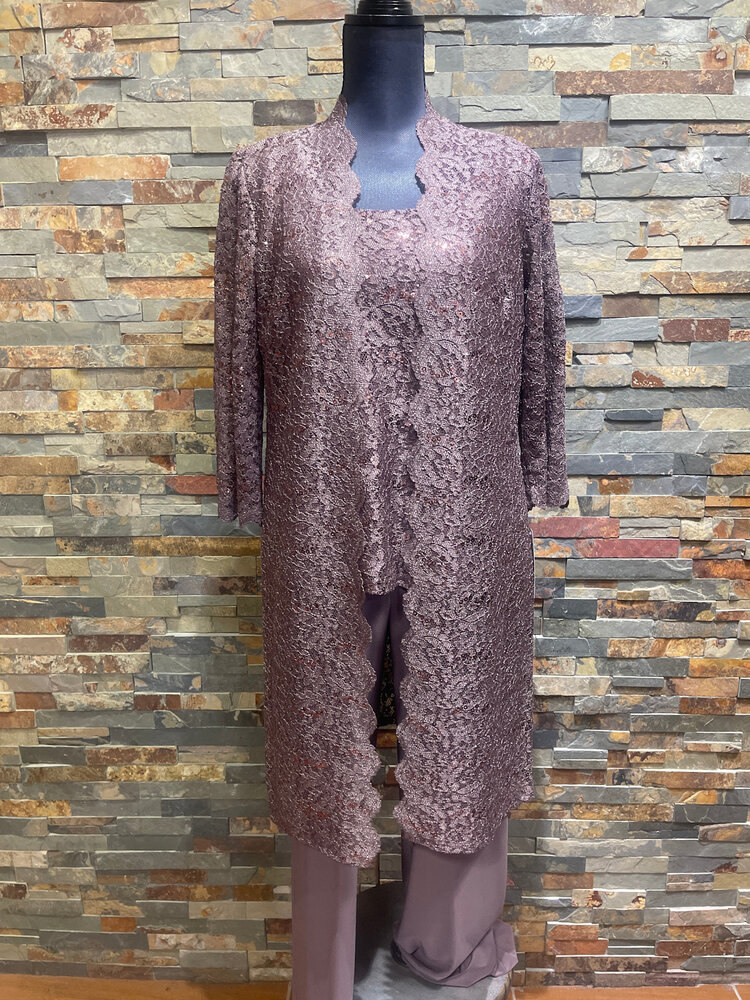 R & M Richards Brown w/ Copper Sequin Lace Jacket, Top and Pants Set, Size 8