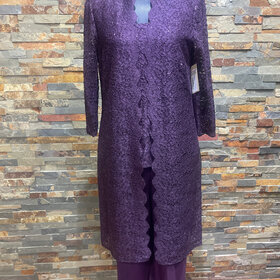 R & M Richards Plum Sequin Lace Jacket, Top and Pants Set, Size 10