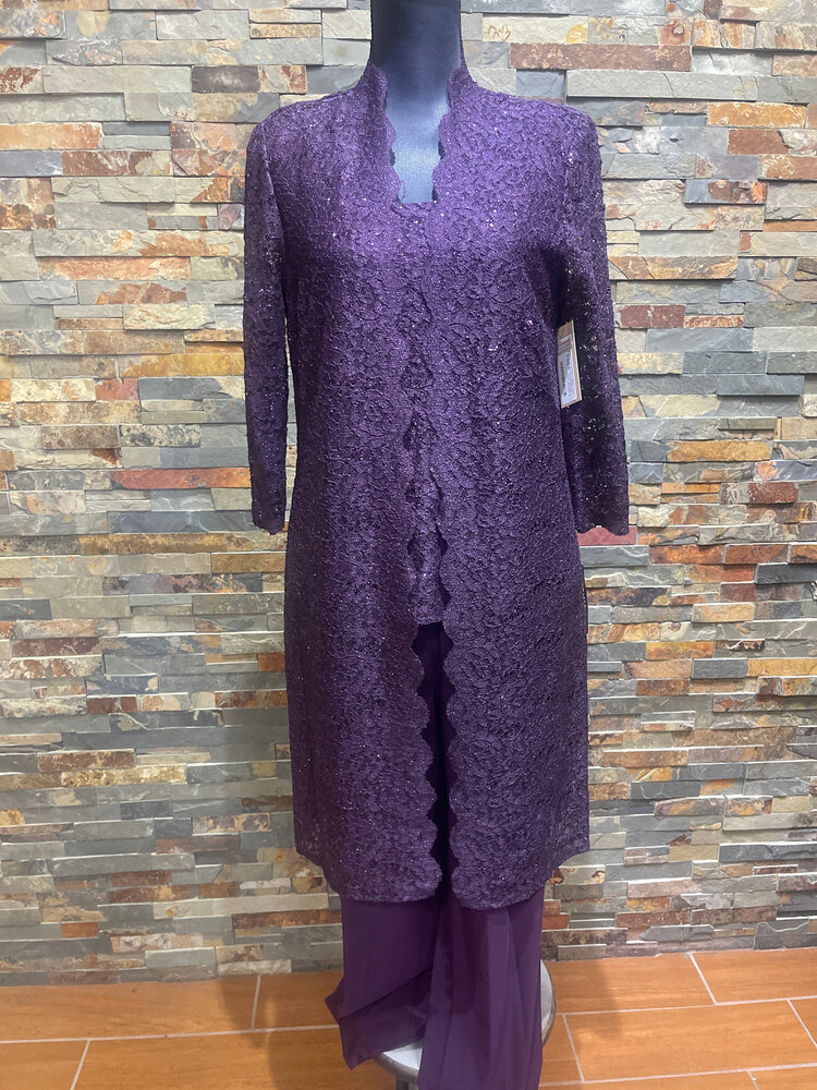 R & M Richards Plum Sequin Lace Jacket, Top and Pants Set, Size 10