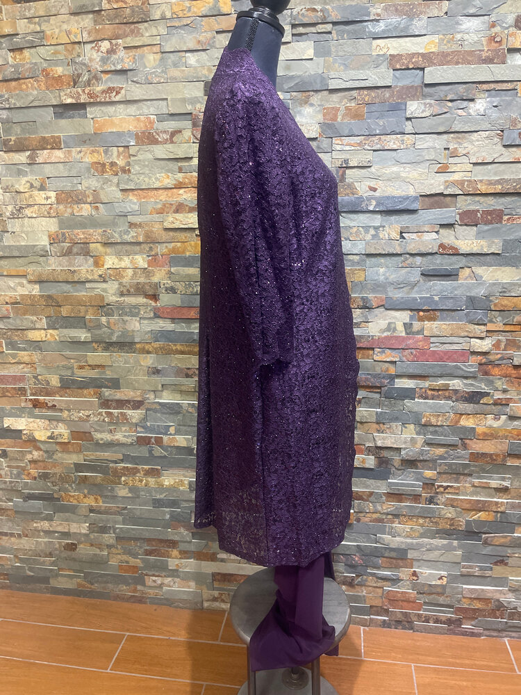 R & M Richards Plum Sequin Lace Jacket, Top and Pants Set, Size 10