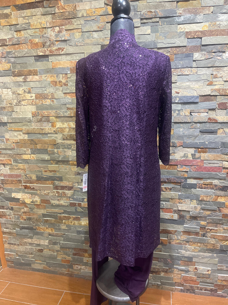 R & M Richards Plum Sequin Lace Jacket, Top and Pants Set, Size 10
