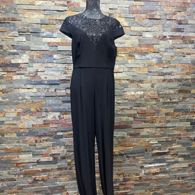 Adrianna Papell Black Cap Sleeved with Sequin V Neckline Jumpsuit, Size 12