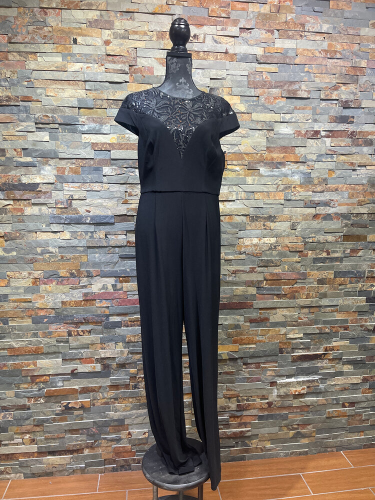 Adrianna Papell Black Cap Sleeved with Sequin V Neckline Jumpsuit, Size 12