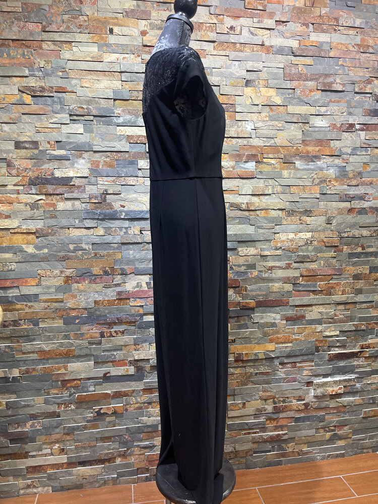 Adrianna Papell Black Cap Sleeved with Sequin V Neckline Jumpsuit, Size 12