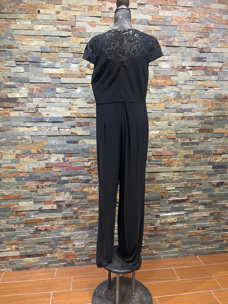 Adrianna Papell Black Cap Sleeved with Sequin V Neckline Jumpsuit, Size 12