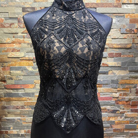 Caché Black Beaded Scalloped Halter Top, Size S