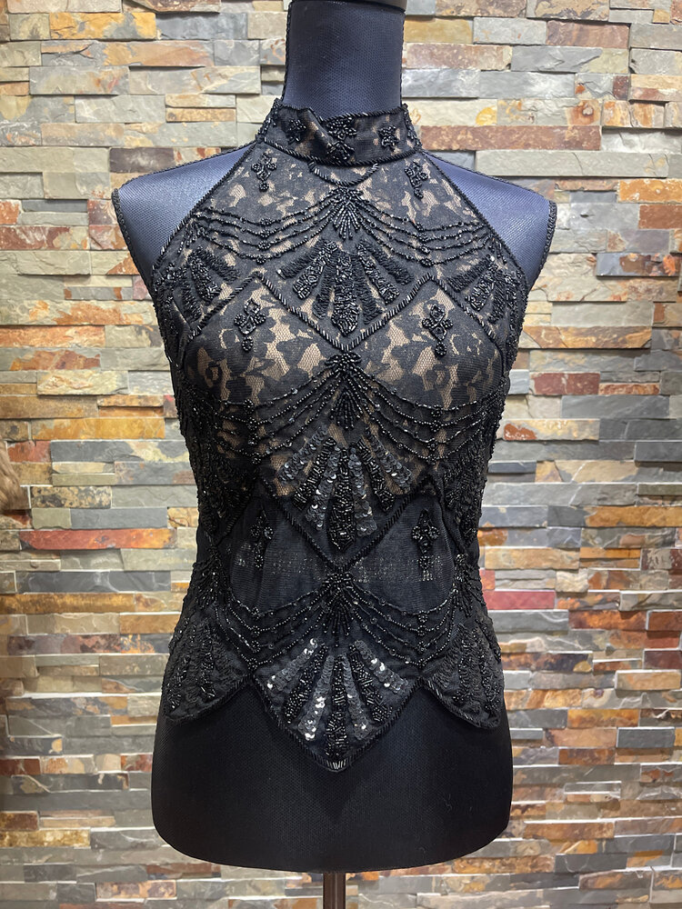 Caché Black Beaded Scalloped Halter Top, Size S