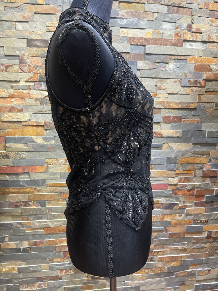 Caché Black Beaded Scalloped Halter Top, Size S