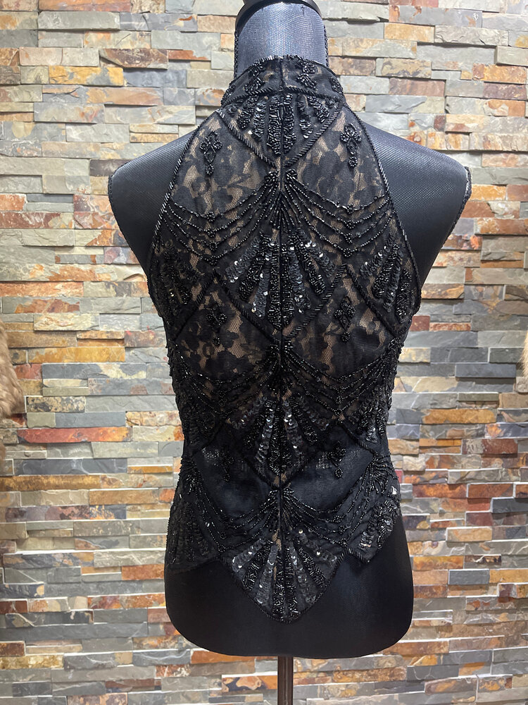 Caché Black Beaded Scalloped Halter Top, Size S