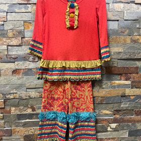 Burndt Orange with Fall Multi Colors- Ruffled Pant Set, Size 2T