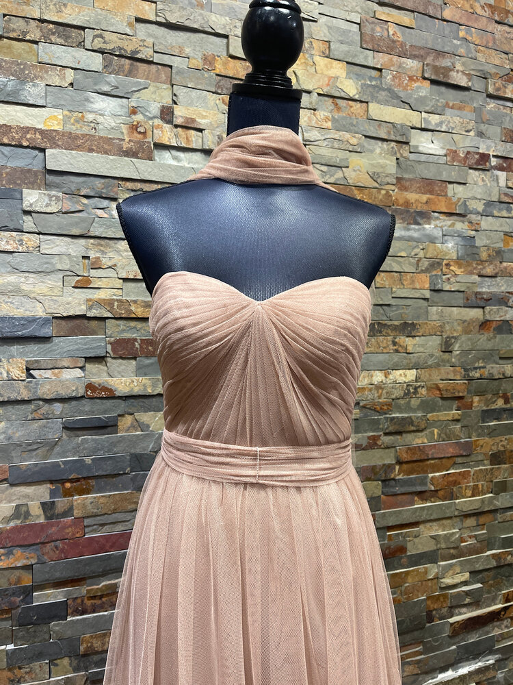 Adrianna Papell Taupe Strapless Infinity Tulle Gown, Size 4