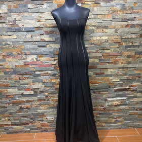 Speechless Black Strapless Stretch Trumpet Gown with Vertical Stripes, Size 5