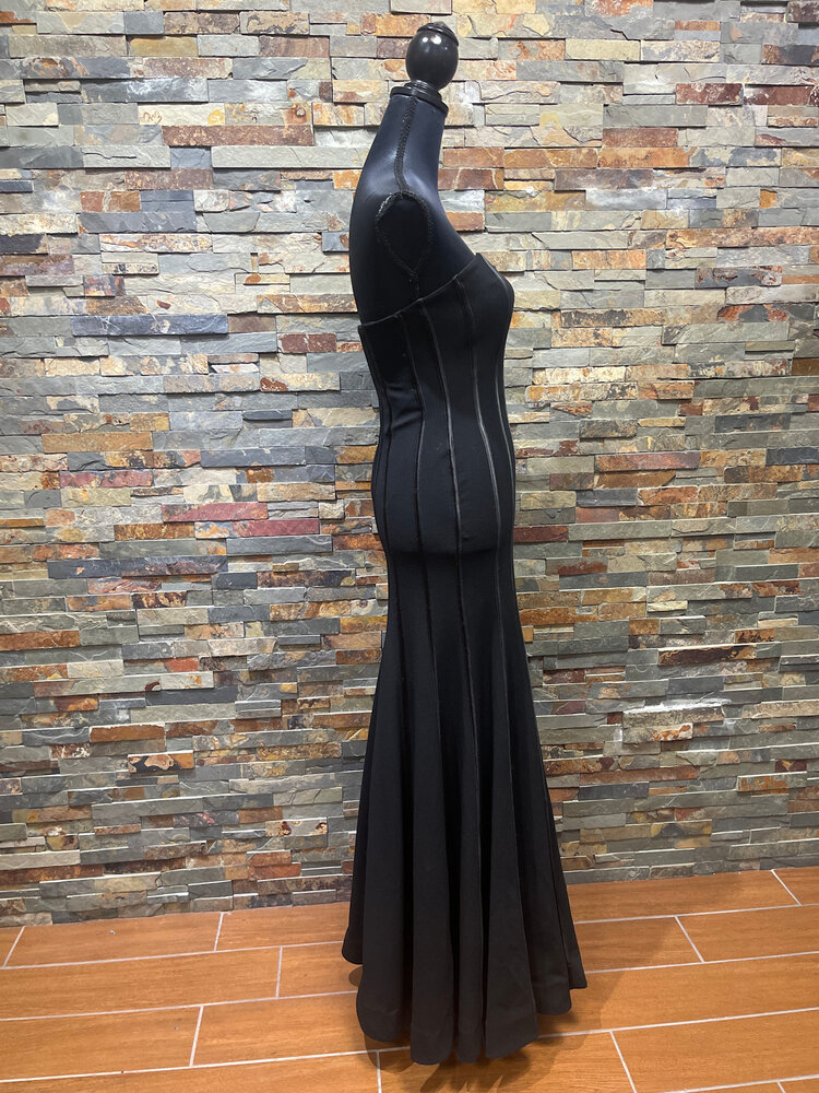 Speechless Black Strapless Stretch Trumpet Gown with Vertical Stripes, Size 5