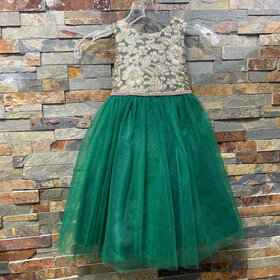 Emerald w/Gold Embroidered Lace V Back & Bow Dress