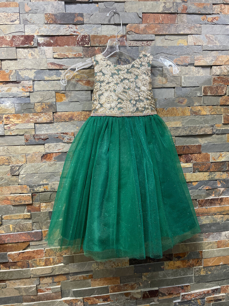 Emerald w/Gold Embroidered Lace V Back & Bow Dress