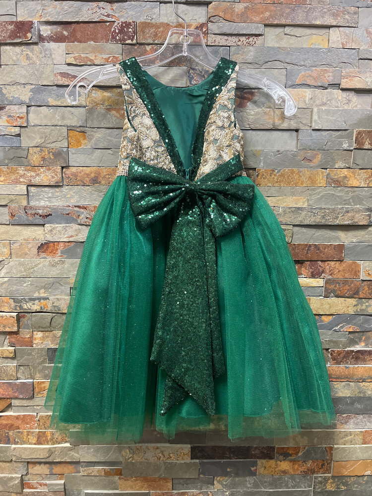 Emerald w/Gold Embroidered Lace V Back & Bow Dress