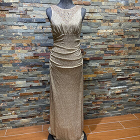 Cachet Gold Ruched Gown with Jeweled Collar Neckline, Size 4