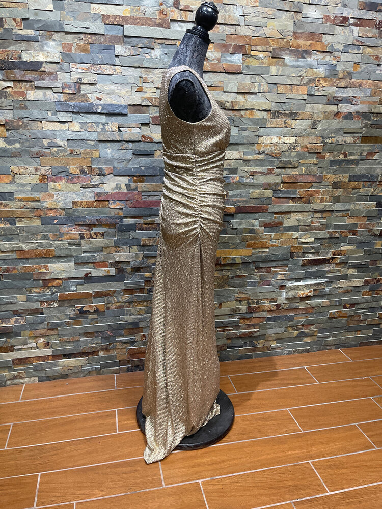 Cachet Gold Ruched Gown with Jeweled Collar Neckline, Size 4