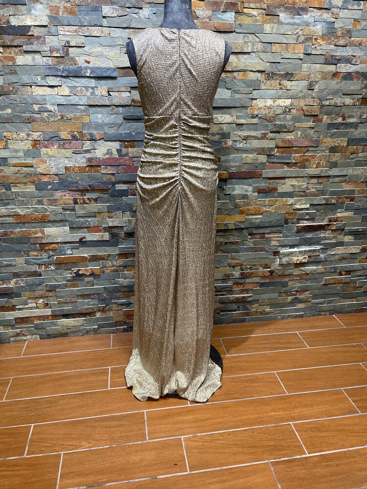 Cachet Gold Ruched Gown with Jeweled Collar Neckline, Size 4