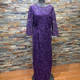 Alex Evenings Purple Lace Overlay Gown with 3/4 Sleeves, Size 10