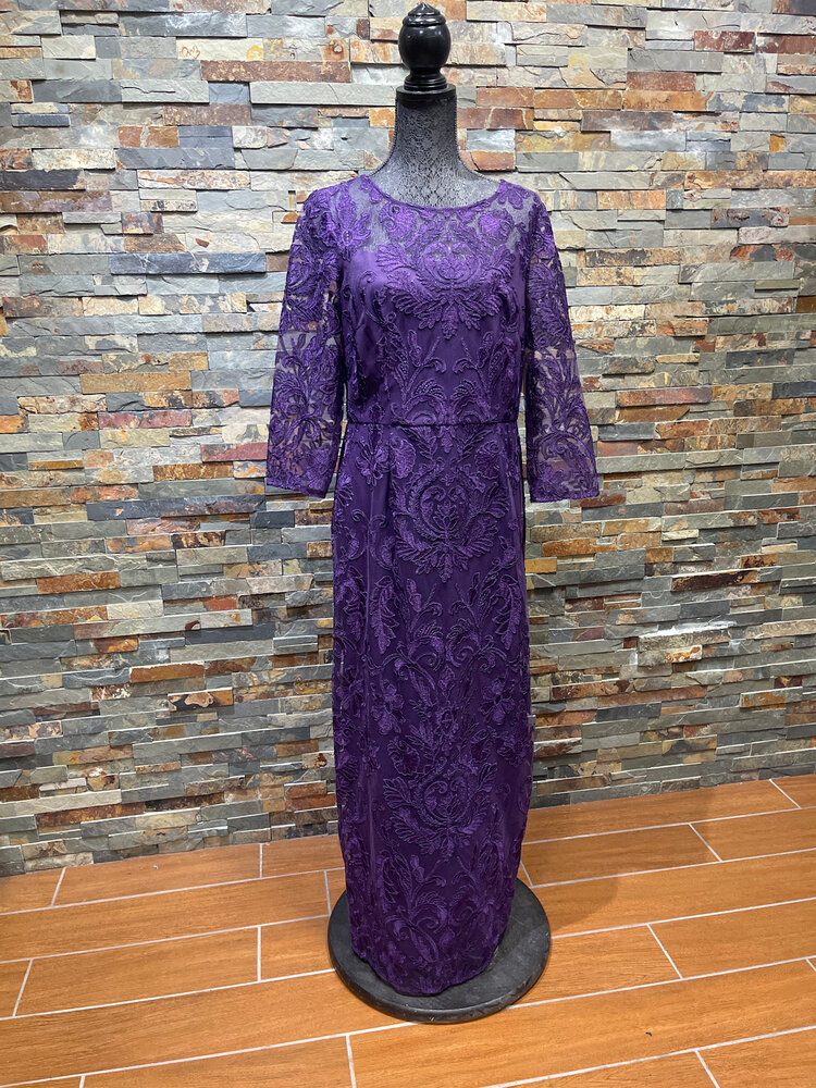 Alex Evenings Purple Lace Overlay Gown with 3/4 Sleeves, Size 10