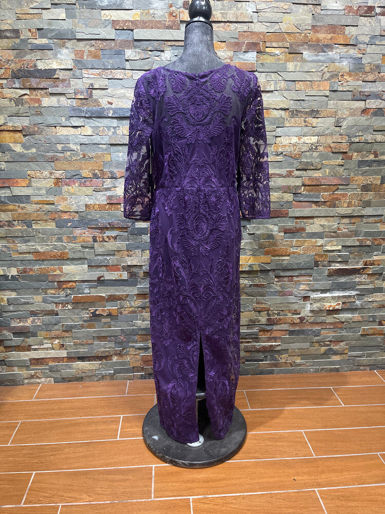 Alex Evenings Purple Lace Overlay Gown with 3/4 Sleeves, Size 10
