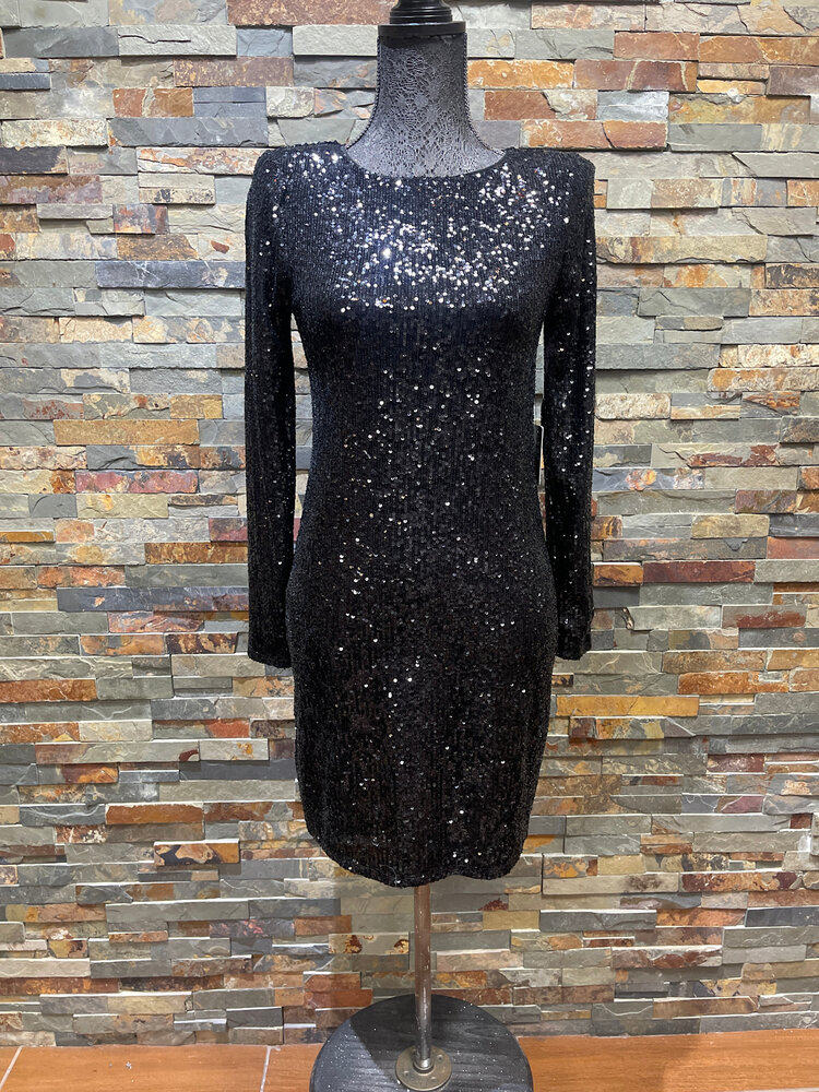 Black Full Sequined Long Sleeve Dress, Size 6