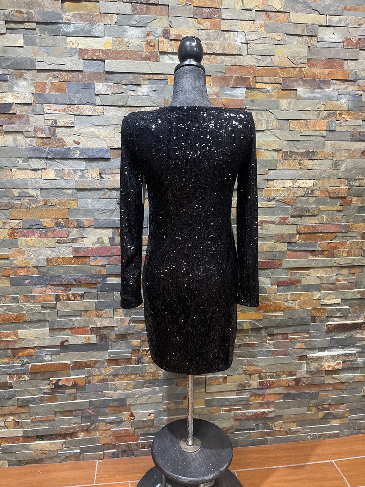 Black Full Sequined Long Sleeve Dress, Size 6