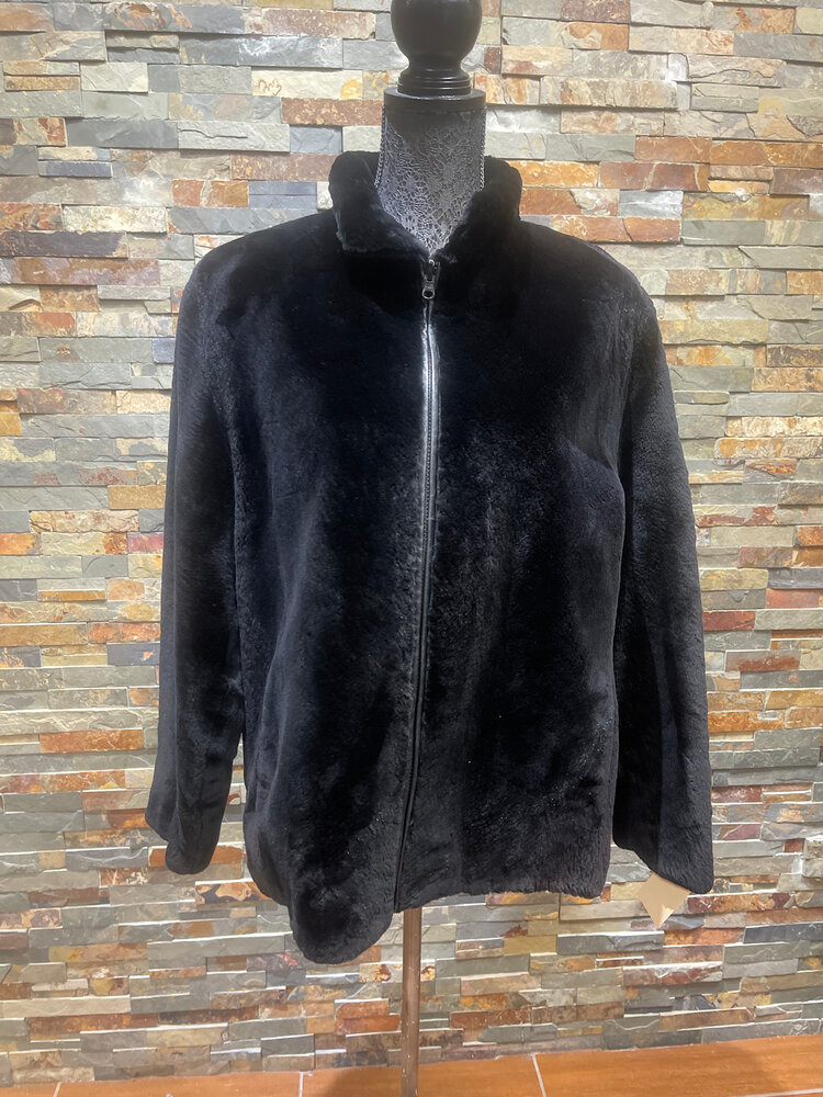 Black Sheared Beaver Jacket with Reversible Floral Print, Size M