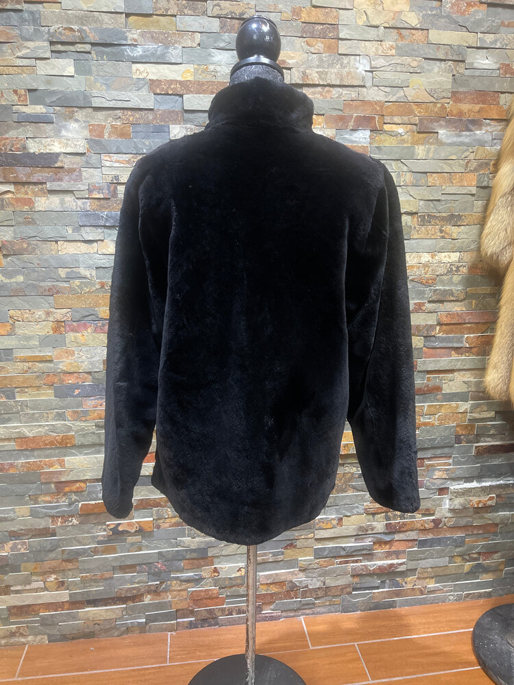 Black Sheared Beaver Jacket with Reversible Floral Print, Size M