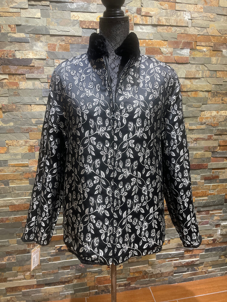 Black Sheared Beaver Jacket with Reversible Floral Print, Size M