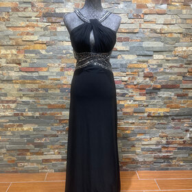Betsy & Adam Black Backless Gown with Silver Sequin Waist & Collar, Size 14