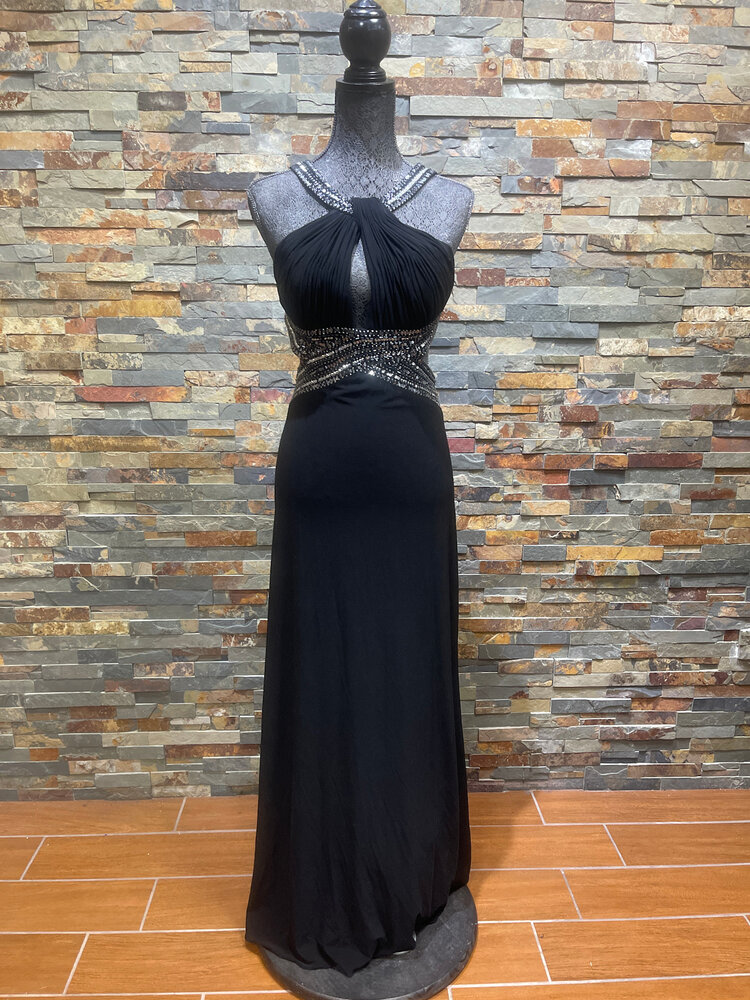 Betsy & Adam Black Backless Gown with Silver Sequin Waist & Collar, Size 14