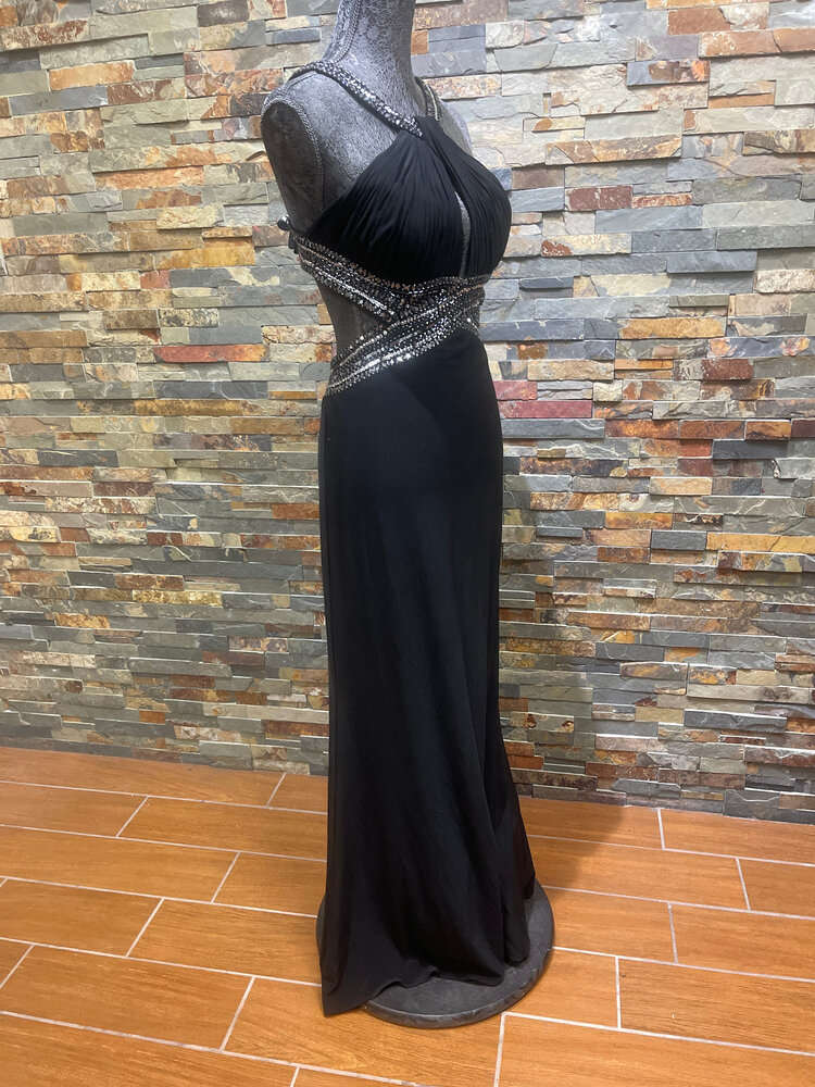 Betsy & Adam Black Backless Gown with Silver Sequin Waist & Collar, Size 14