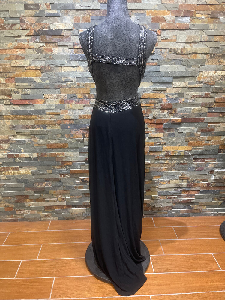 Betsy & Adam Black Backless Gown with Silver Sequin Waist & Collar, Size 14