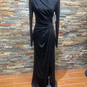 Aqua Black Long Sleeve Studded Gown with Ruching, Size 4