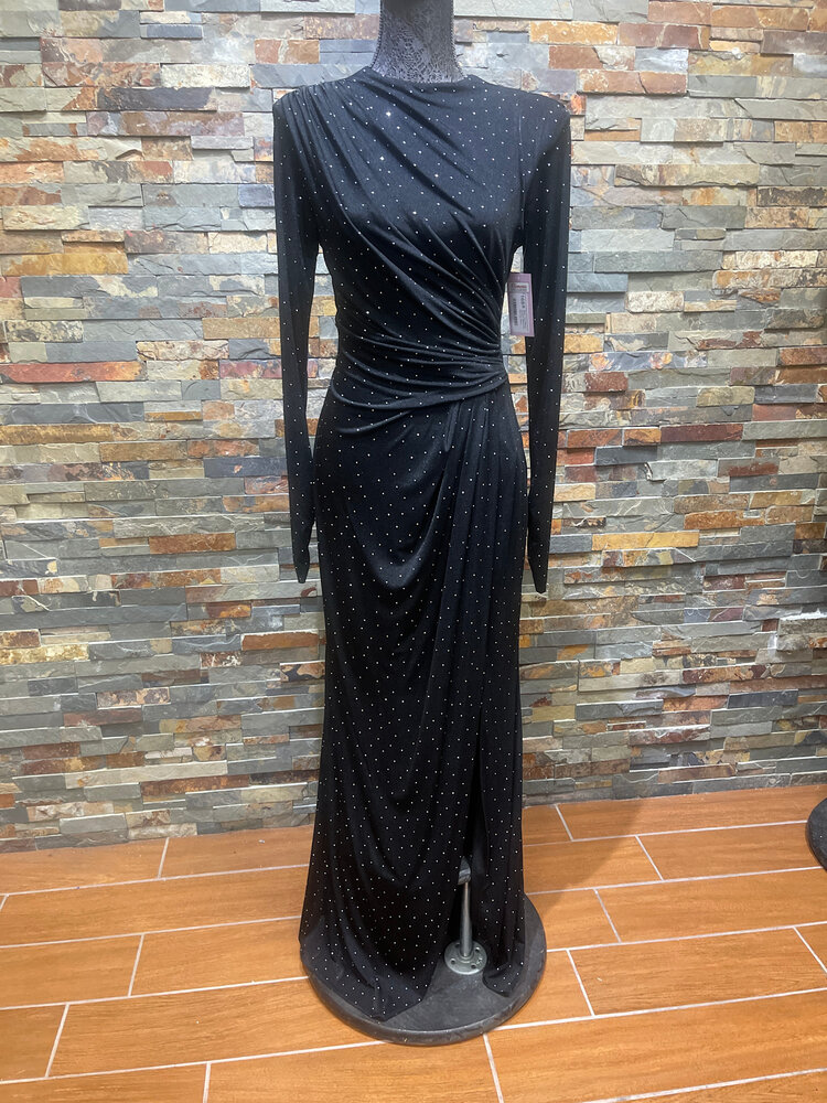 Aqua Black Long Sleeve Studded Gown with Ruching, Size 4