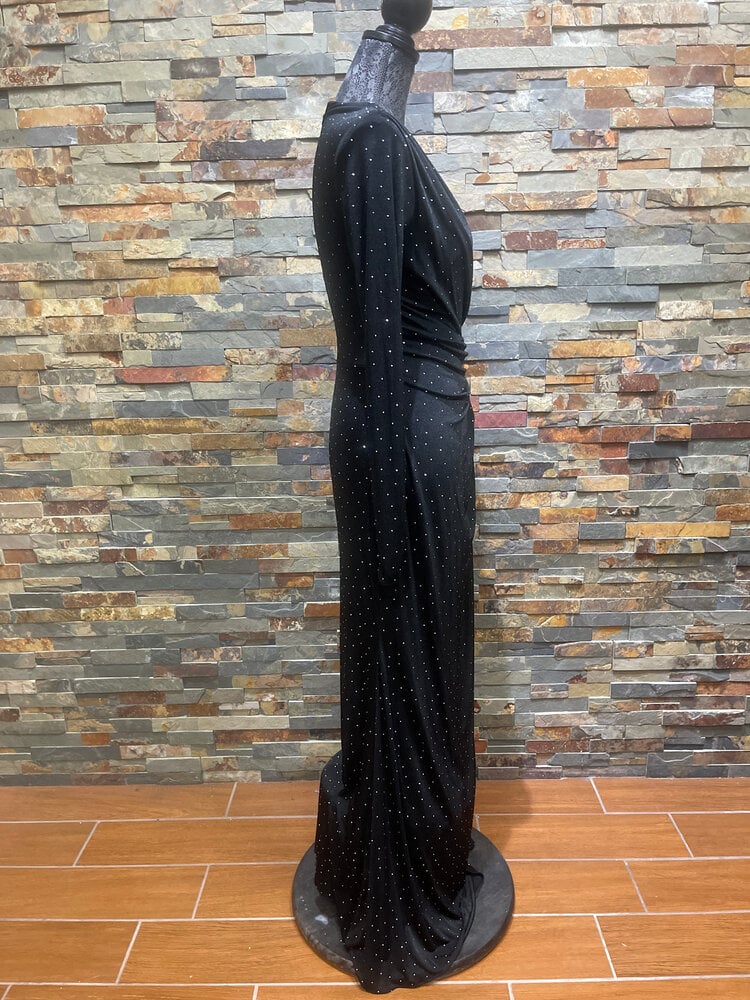 Aqua Black Long Sleeve Studded Gown with Ruching, Size 4