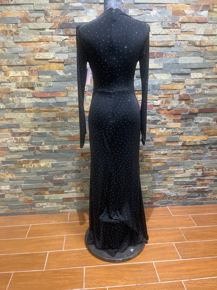 Aqua Black Long Sleeve Studded Gown with Ruching, Size 4
