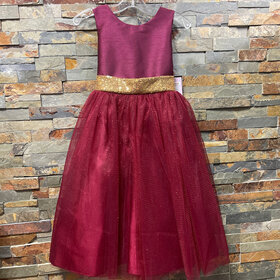 Burgundy with Gold Trim V Back and Bow Dress, Size 7/8